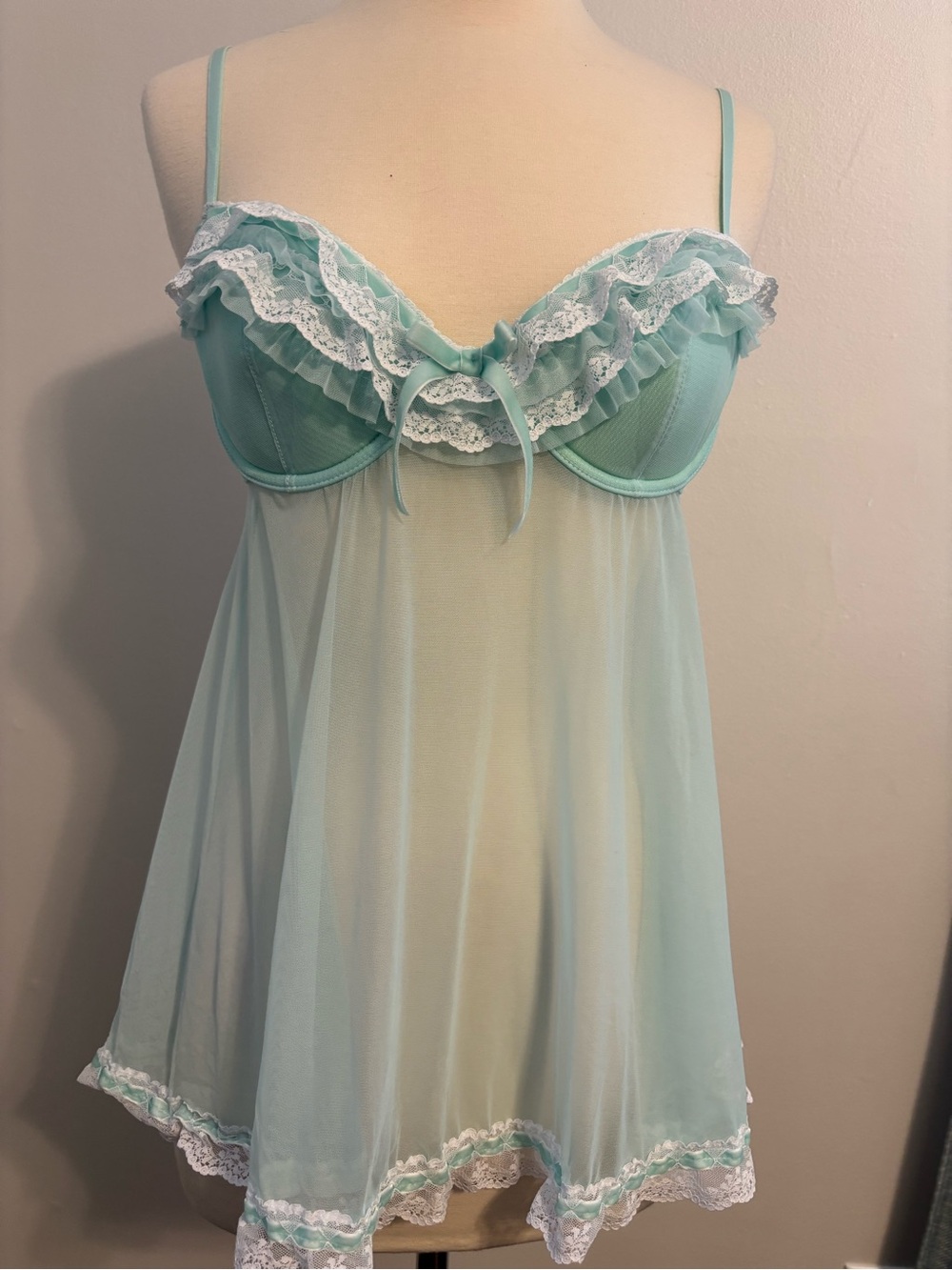 Sheer Lace Ruffle Babydoll Chemise Set - Turquoise